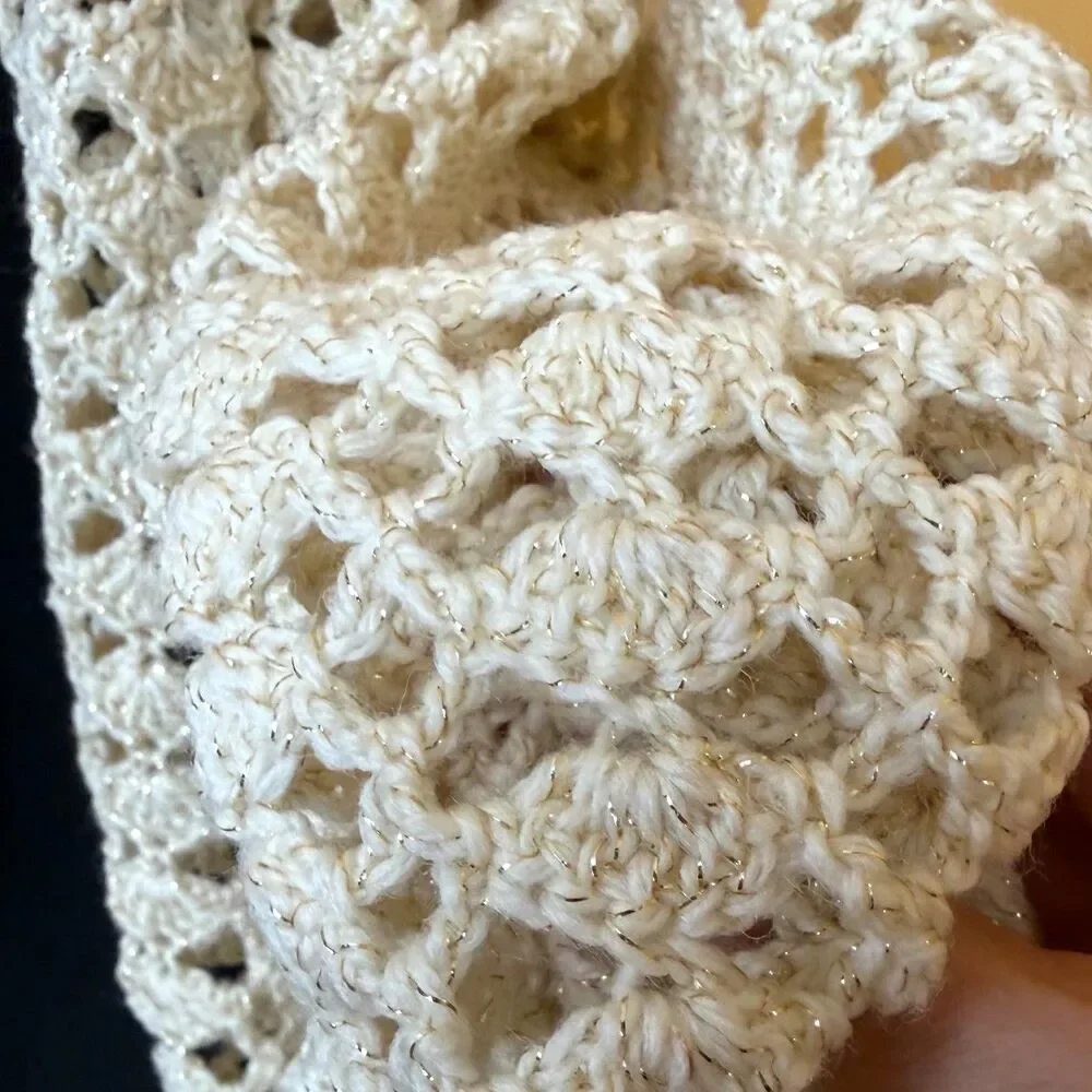 Vintage 70s Handmade Crochet Lace Scarf Cream Ivory Gold Metallic Shimmer Fringe